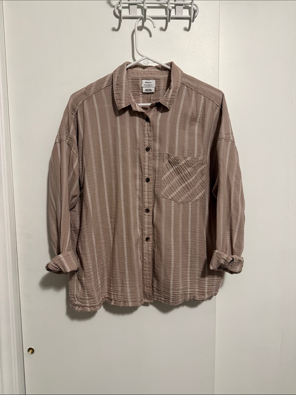 RVCA Men’s Taupe Striped Casual Button-Down Shirt